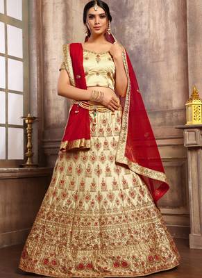 Cream Thread Embroidery Satin Semi Stitched Lehenga With Dupatta 1