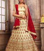 Cream Thread Embroidery Satin Semi Stitched Lehenga With Dupatta