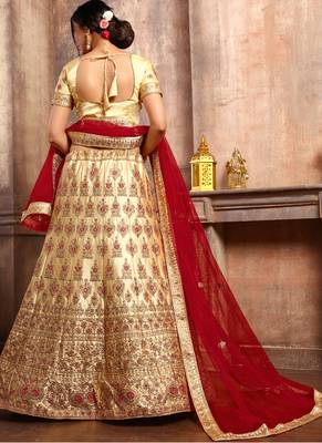 Cream Thread Embroidery Satin Semi Stitched Lehenga With Dupatta 2