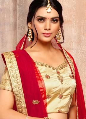 Cream Thread Embroidery Satin Semi Stitched Lehenga With Dupatta 3