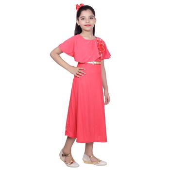 Pink Plain Faux Polyester Kids Girl Gowns 7