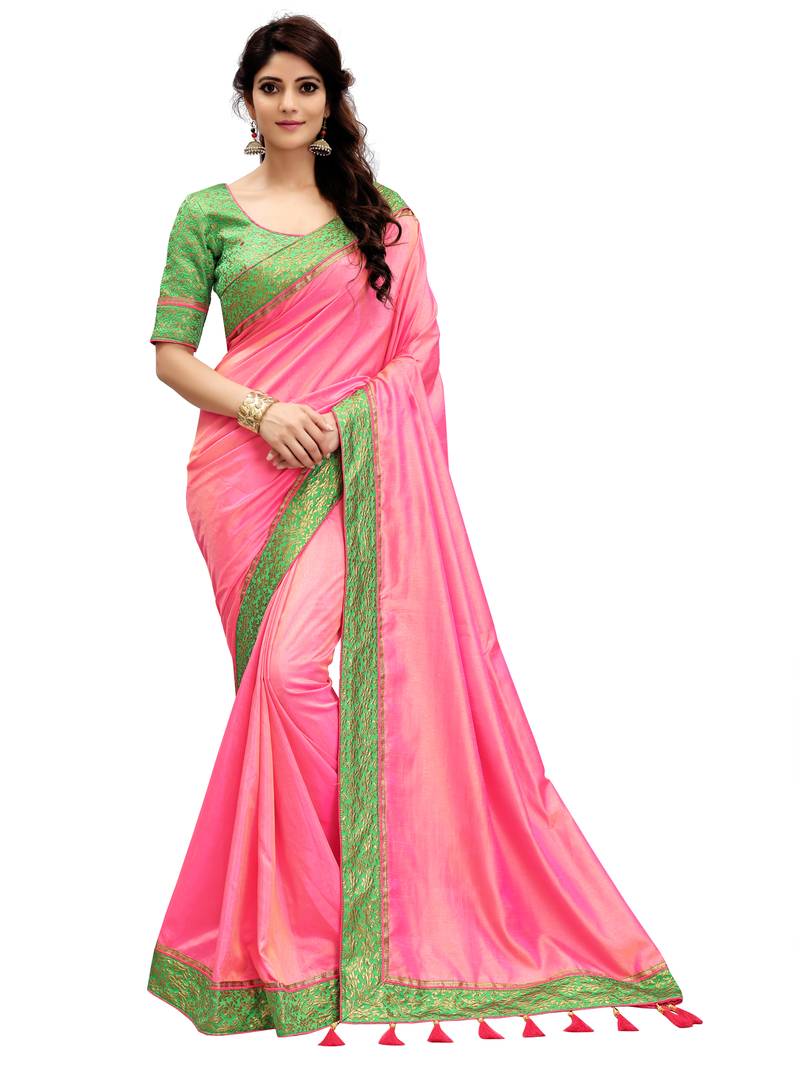 Pink plain art silk saree with blouse