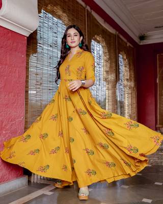 mustard embroidered cotton kurtis 1