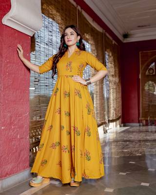mustard embroidered cotton kurtis 4