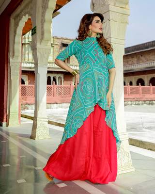 turquoise embroidered Crepe Silk kurtis 1