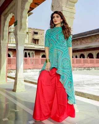 turquoise embroidered Crepe Silk kurtis 2