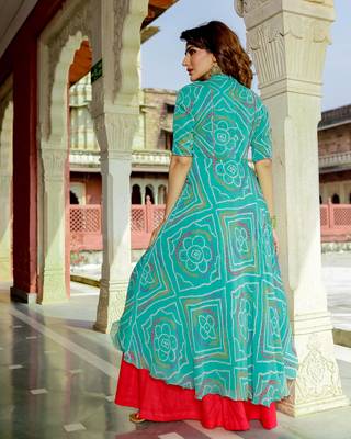 turquoise embroidered Crepe Silk kurtis 4