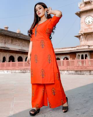orange embroidered Cotton kurtis 1