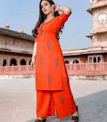 orange embroidered Cotton kurtis