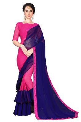Blue plain georgette ruffle saree with blouse 1