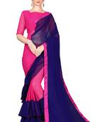 Blue plain georgette ruffle saree with blouse