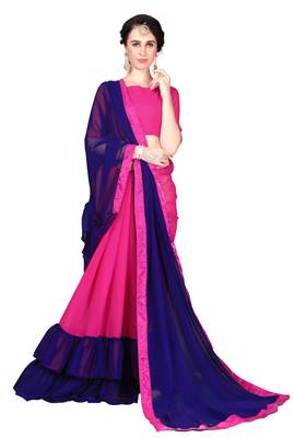 Blue plain georgette ruffle saree with blouse 2