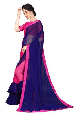 Blue plain georgette ruffle saree with blouse 3