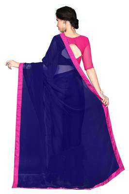 Blue plain georgette ruffle saree with blouse 4
