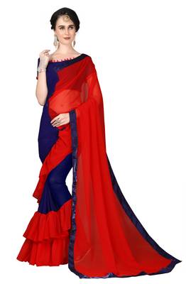 Red plain georgette ruffle saree with blouse 1