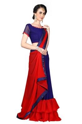 Red plain georgette ruffle saree with blouse 2
