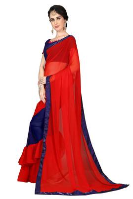 Red plain georgette ruffle saree with blouse 3