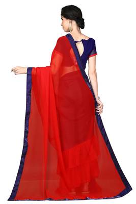 Red plain georgette ruffle saree with blouse 4