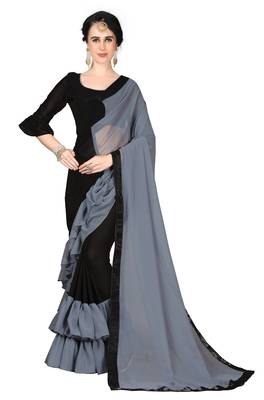Grey plain georgette ruffle saree with blouse 1