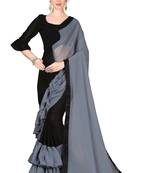Grey plain georgette ruffle saree with blouse