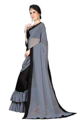 Grey plain georgette ruffle saree with blouse 3