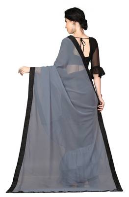 Grey plain georgette ruffle saree with blouse 4