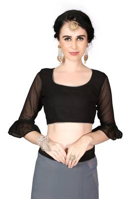 Grey plain georgette ruffle saree with blouse 5