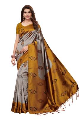 Yellow printed art silk saree with blouse 1
