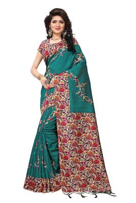 Green printed art silk saree with blouse 1