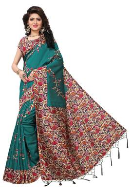 Green printed art silk saree with blouse 2
