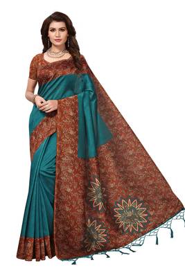 Turquoise printed art silk saree with blouse 1