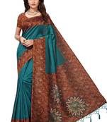 Turquoise printed art silk saree with blouse