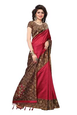 Red printed art silk saree with blouse 1