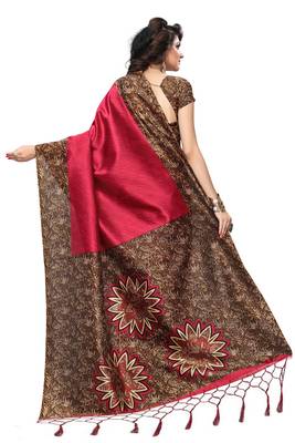 Red printed art silk saree with blouse 2