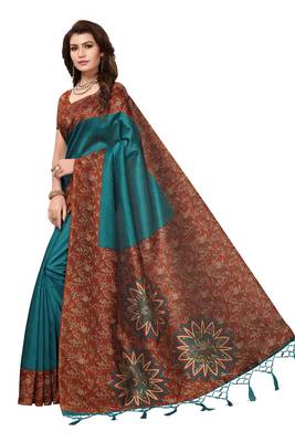 Turquoise printed art silk saree with blouse 2