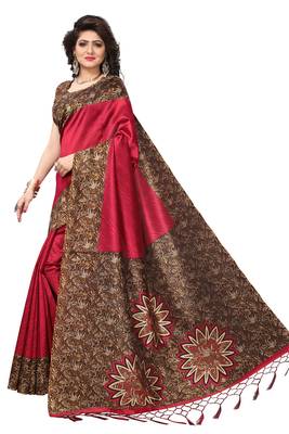 Red printed art silk saree with blouse 3