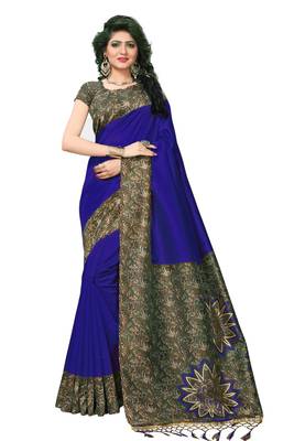 Navy blue printed art silk saree with blouse 1