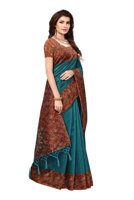 Turquoise printed art silk saree with blouse 3