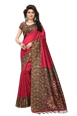 Red printed art silk saree with blouse 4