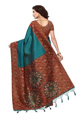 Turquoise printed art silk saree with blouse 4