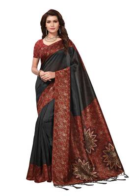 Black printed art silk saree with blouse 1