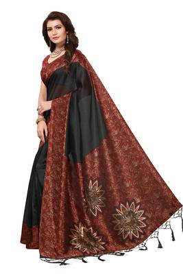 Black printed art silk saree with blouse 2