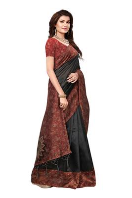 Black printed art silk saree with blouse 3
