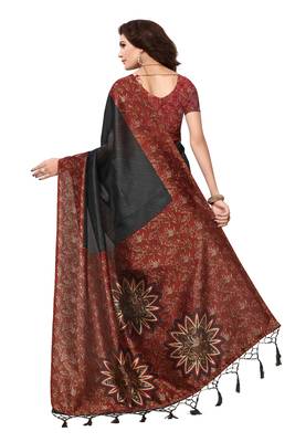 Black printed art silk saree with blouse 4