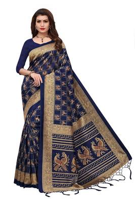Navy blue printed art silk saree with blouse 1
