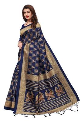 Navy blue printed art silk saree with blouse 2