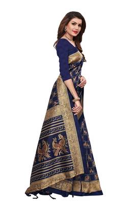 Navy blue printed art silk saree with blouse 3