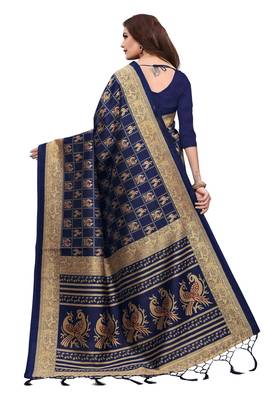 Navy blue printed art silk saree with blouse 4