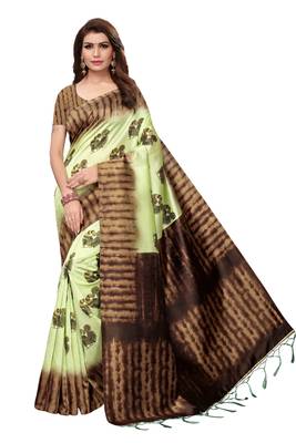 Parrot green printed art silk saree with blouse 1