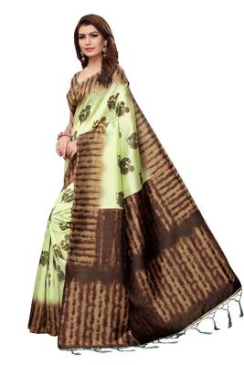 Parrot green printed art silk saree with blouse 2